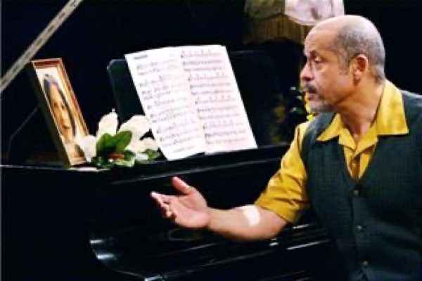 A man sitting at the piano with his hands raised.